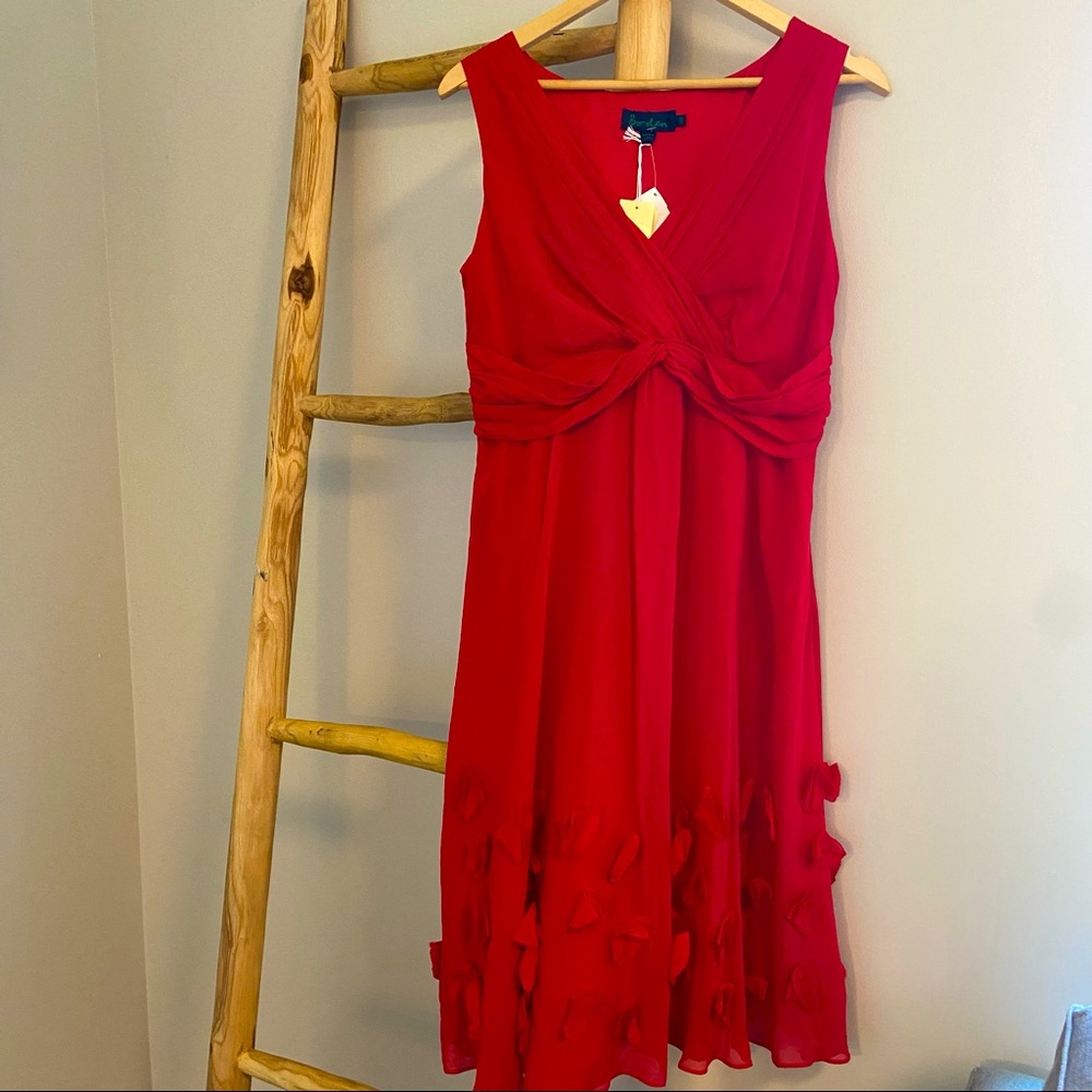 Boden Silk Red Dress with Hand Finished Flowers